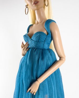 detalle organza vestido azul ropa de alta costura para muñecas