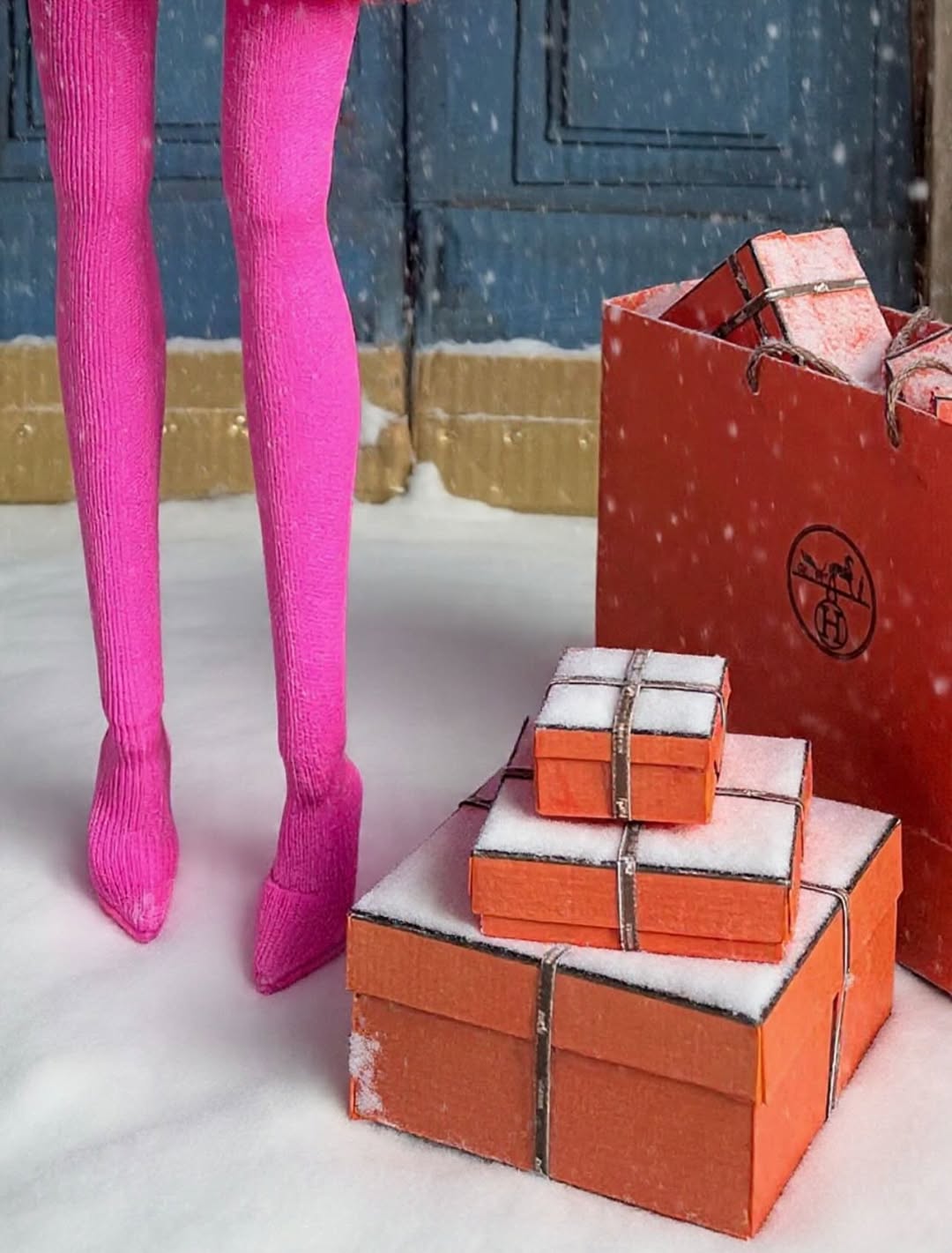 Detalle de piernas de muñeca con medias rosas y cajas de regalo en miniatura en una escena nevada